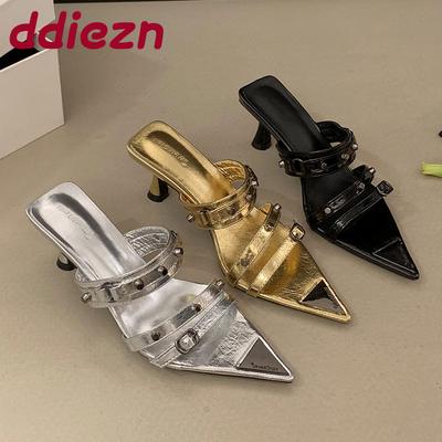 Fashion New 2025 Fashion Rivet Women Pumps Heels Shoes Female Slip On Footwear Pointed Toe Ladies High Heels Slides Sandals Shoes