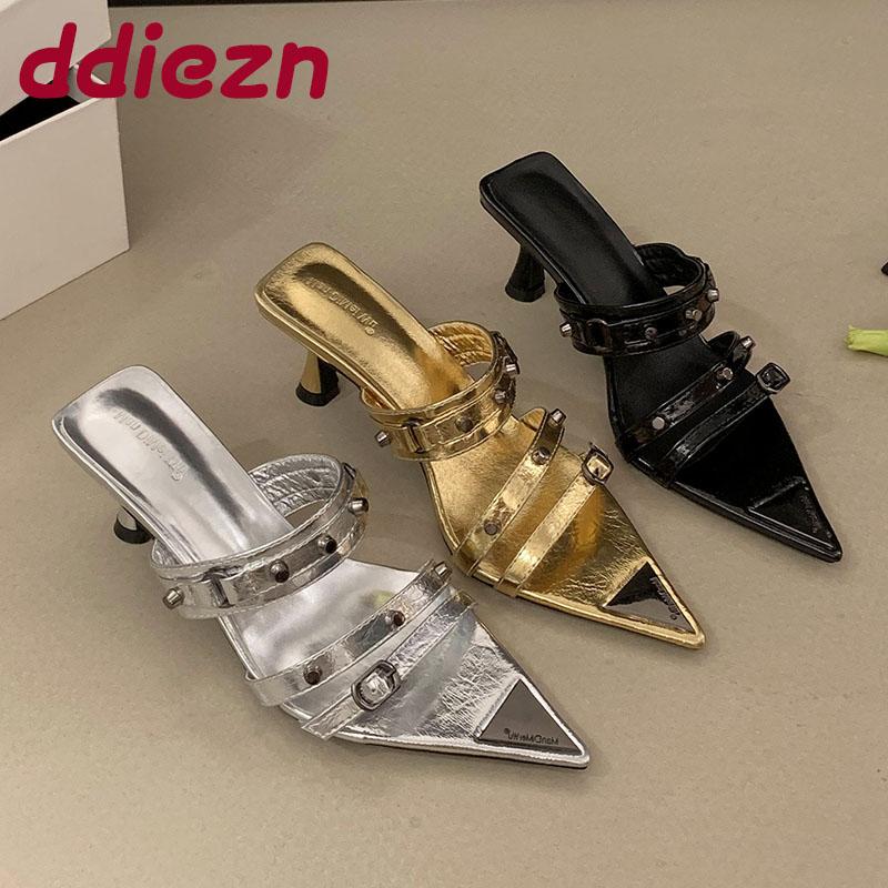 Fashion New 2025 Fashion Rivet Women Pumps Heels Shoes Female Slip On Footwear Pointed Toe Ladies High Heels Slides Sandals Shoes
