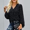 Plus Size V Neck Dotted Prints Loose Long Sleeve Shirt