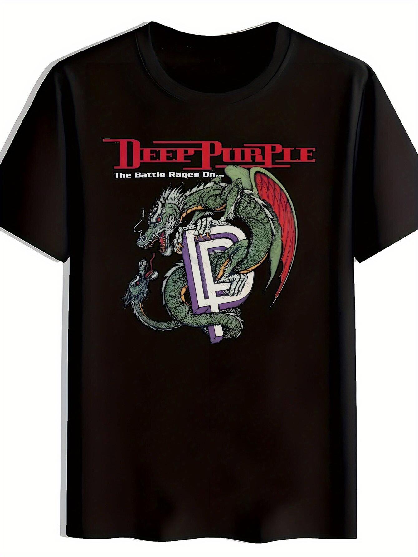 [Rock Band Tee] Black Polyester Graphic T-shirt | Rock Band Design with Dragon & Guitar S