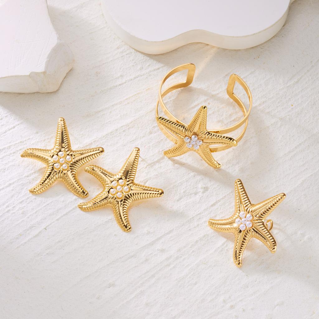 Exaggerated Metal Starfish Bangles Ring Earring Set for Women Bohemia Conch Open Cuff Bangles Beach Vacation Jewelry Gifts