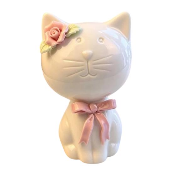 1/2Pcs Ceramic Bow Cat Figurine, Sitting Kitten Statue with Flower Decor, Mini Animal Desktop Ornament for Home Office
