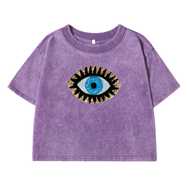 Blue Eyesprinting Women Washed Short Clothes Casual Fashion Tshirts Street Distress Midriff-Baring Tee Tops T Shirts