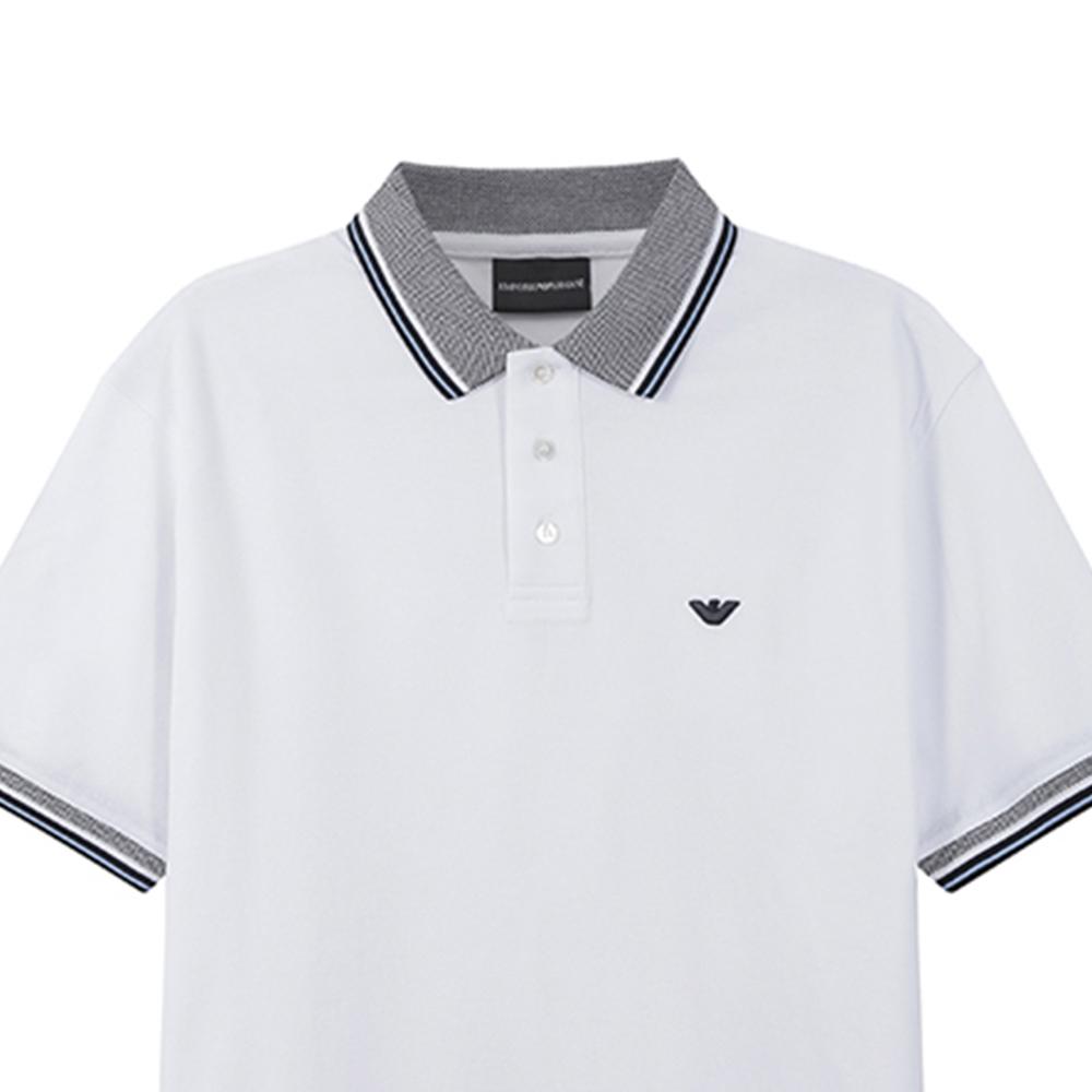 Emporio Armani SS23 Logo Embroidered Striped Trim Short Sleeve Polo Shirt Men tops White 3R1FC0-1JTKZ-0100