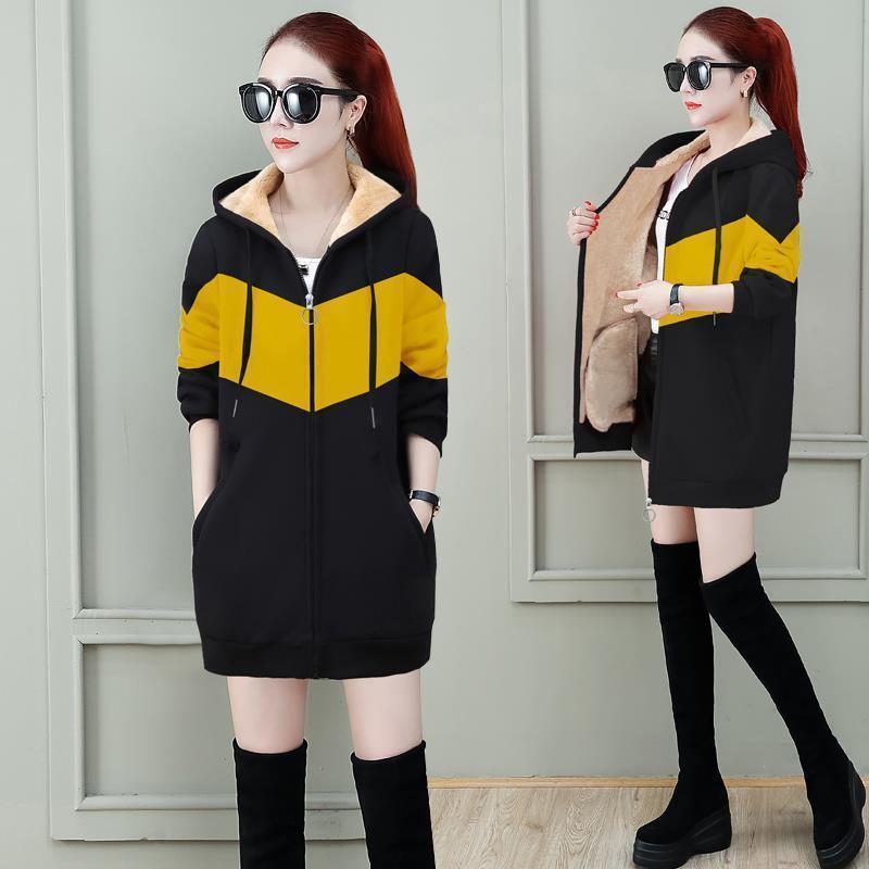 

Зимняя женская флисовая куртка с капюшоном, длинный стиль с добавлением флиса, свободный корейский кардиган, куртка, модный S жёлтый