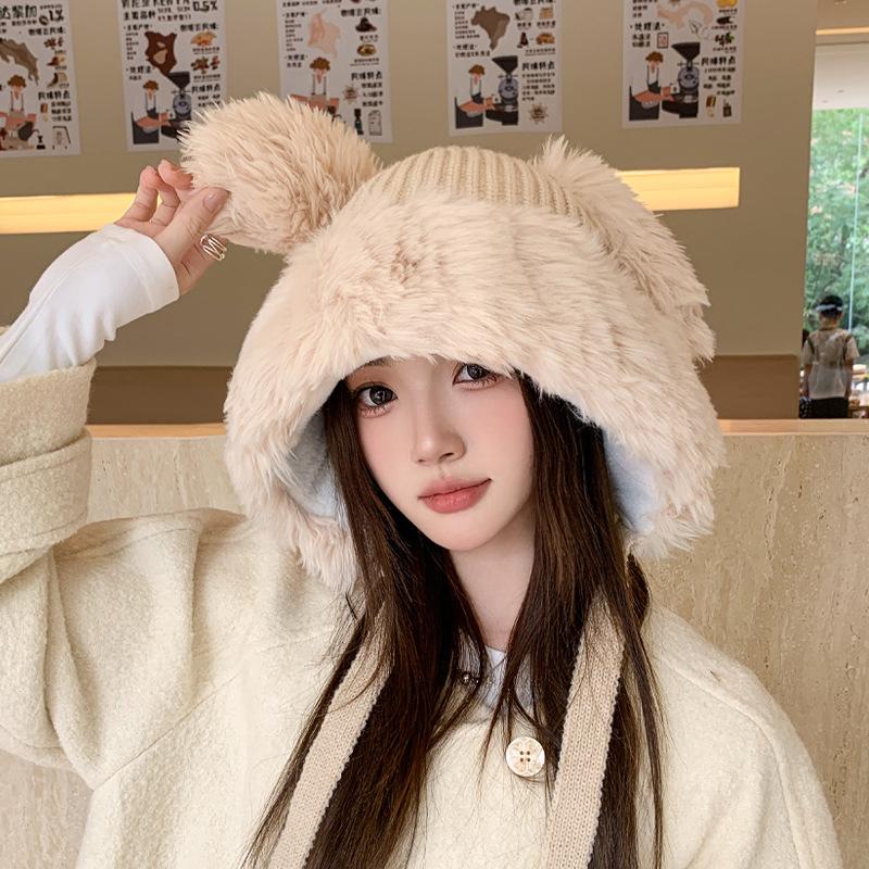 Women Autumn Winter Warm Thicken Ear Protector Hat Cold Velvet Plush Rabbit Outdoor Knitted Bomber Cap Sweet Cute Big Lei Feng Hat