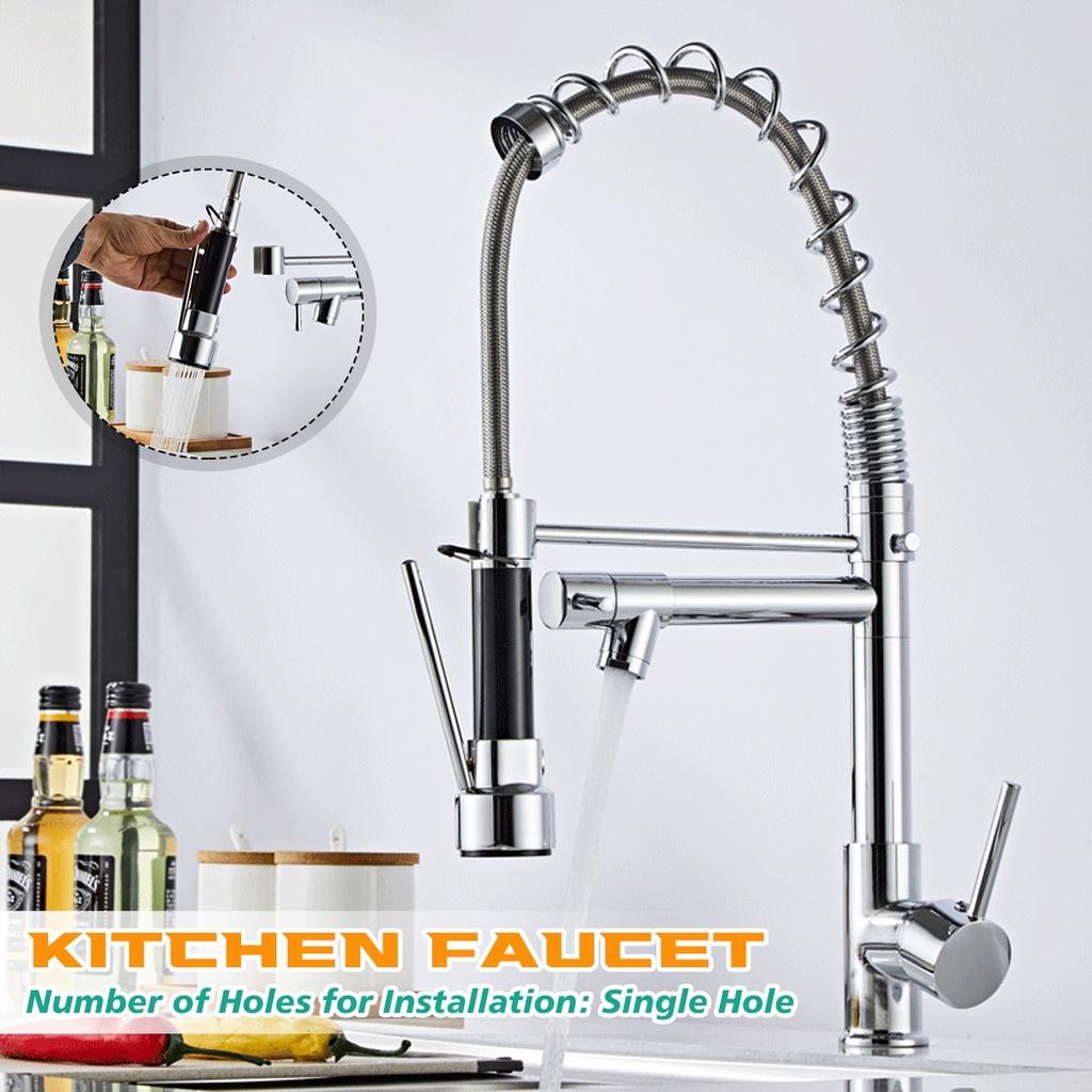 Silver Chrome Polished Deck Mounted Flexible Kitchen Faucets Silver Spring Style Spray Mixers Tap Hot And Cold Kitchen Faucet Pull Out Mixer Tap