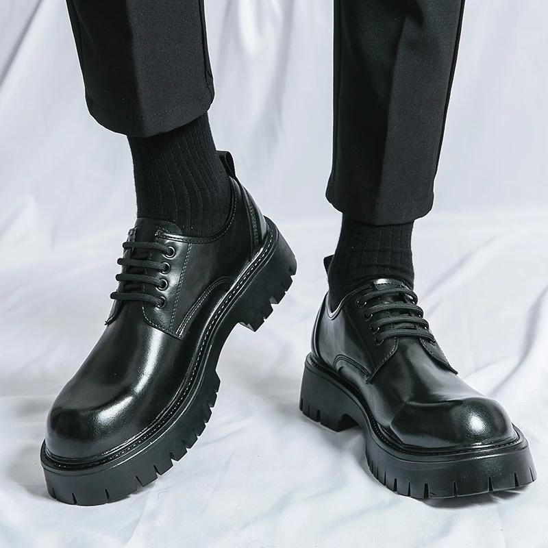 Black Official Oxford Shoes Men's Thick Soled Business Round Toe Leather Shoes with Lace Up Glossy Surface Brand Wedding Shoes