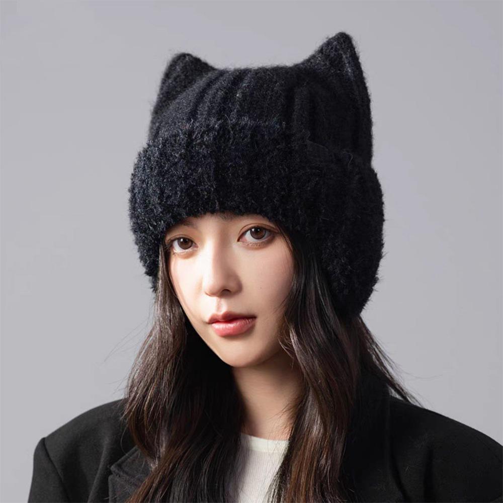 Ribbed Knit Knit Earflap Beanie Plush Lining Cat Ear Beanie New Plush Lined Hat For Children