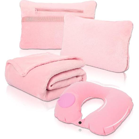 Travel Blanket and Pillow Set - Portable Inflatable Travel Neck Pillow and Premium Soft Airplane Blanket with Built-in Soft Bag, Neck Snaps, Zippered