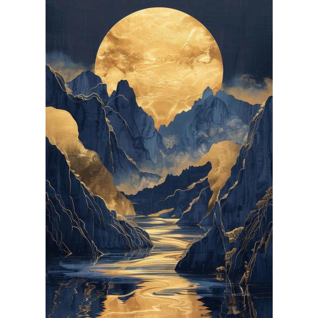 Landscape Blue Mountain Tree Forest Pine Temple River Gold Sun Poster Canvas Painting Print Wall Art for Living Room Home Decor