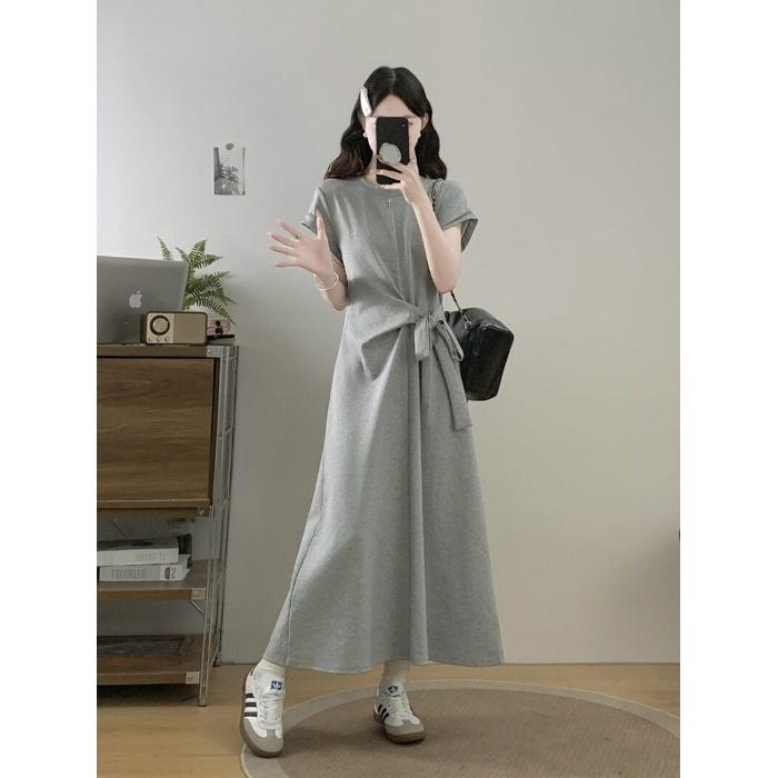 Large Size Fat Mm Design Sense Lace-up Waist Dress Women's 2026 Summer Fashion Foreign Style Thin Casual T-shirt Skirt