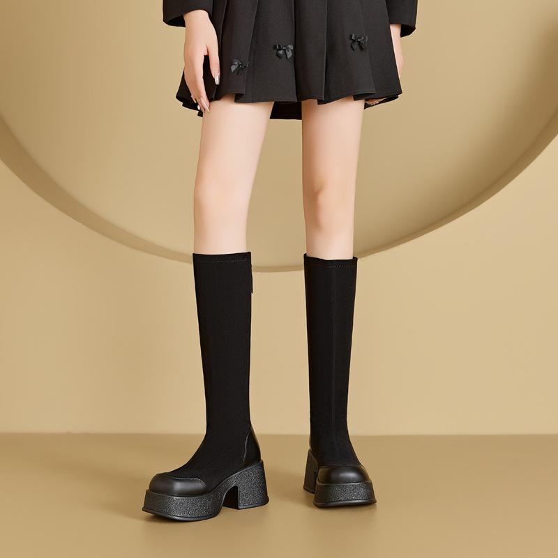 8573-85712025 Autumn New Retro Small Thick-soled Elastic Boots Skinny Boots Suede Martin Boots Women
