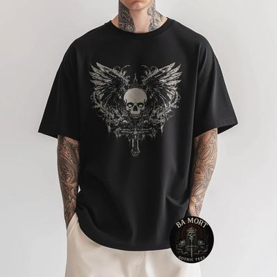 Skull Cross Y2K Goth Alt Grunge Gothic Emo Aesthetic Wings 100% Cotton T-shirt Mens Tees Top