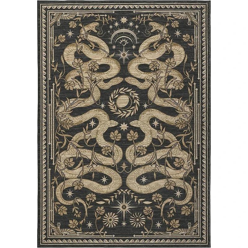 

Forest Style Snake Pattern Carpet Floral Star Motifs Dark Green Base Vintage Edge Design Large Rug for Nature Themed Living Room 80X120CM