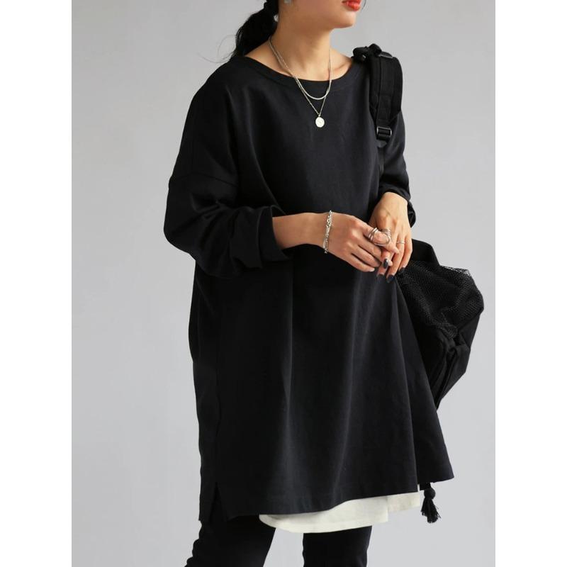 Autumn Minimalist Mid Length Long Sleeved T-shirt for Women Loose Casual Round Neck Pullover Solid Color Base Shirt T-Shirts Women’s