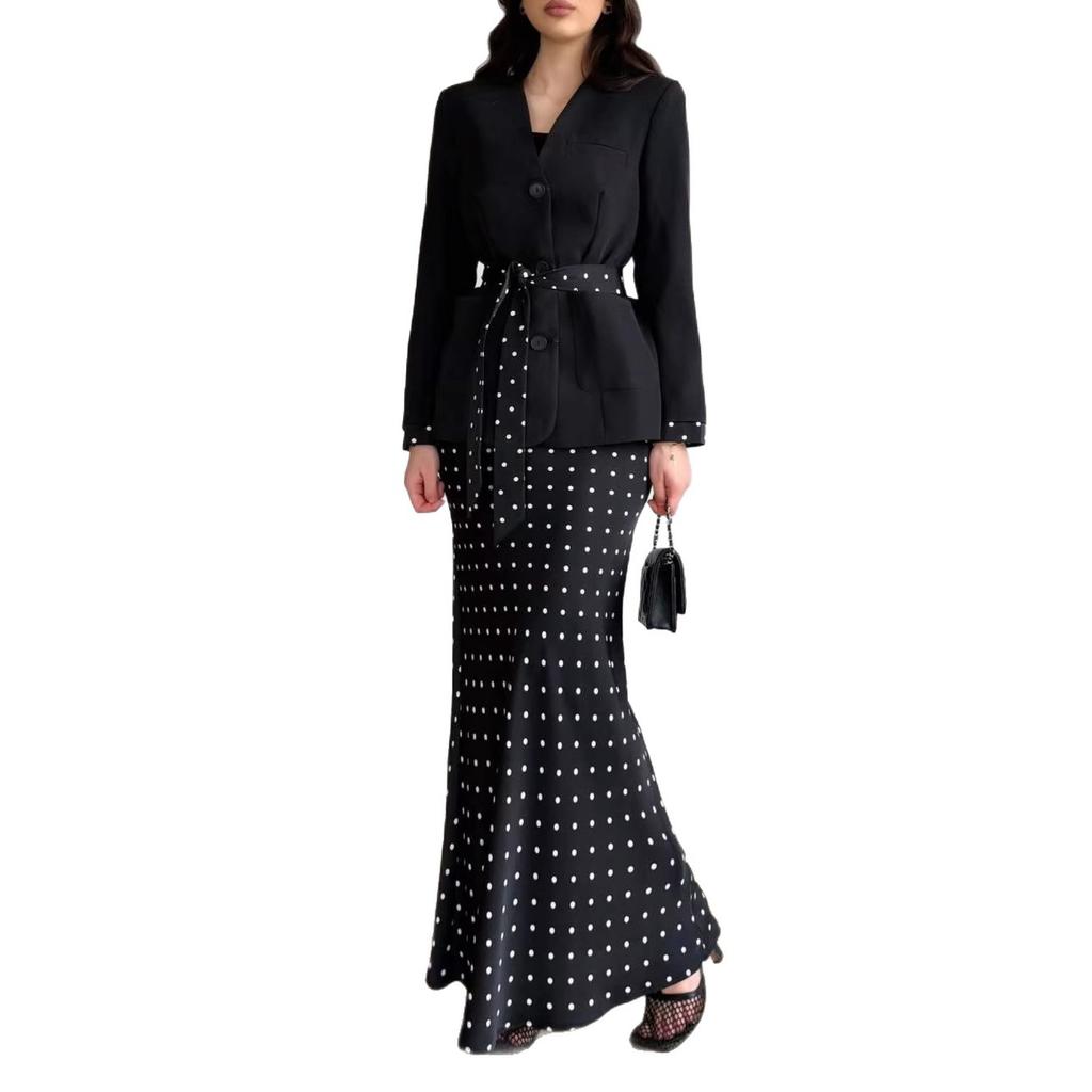 Cross-border European and American Women's Clothing  Amazon Sexy Lace-up Casual V-neck Jacket Fashion Polka Dot Skirt