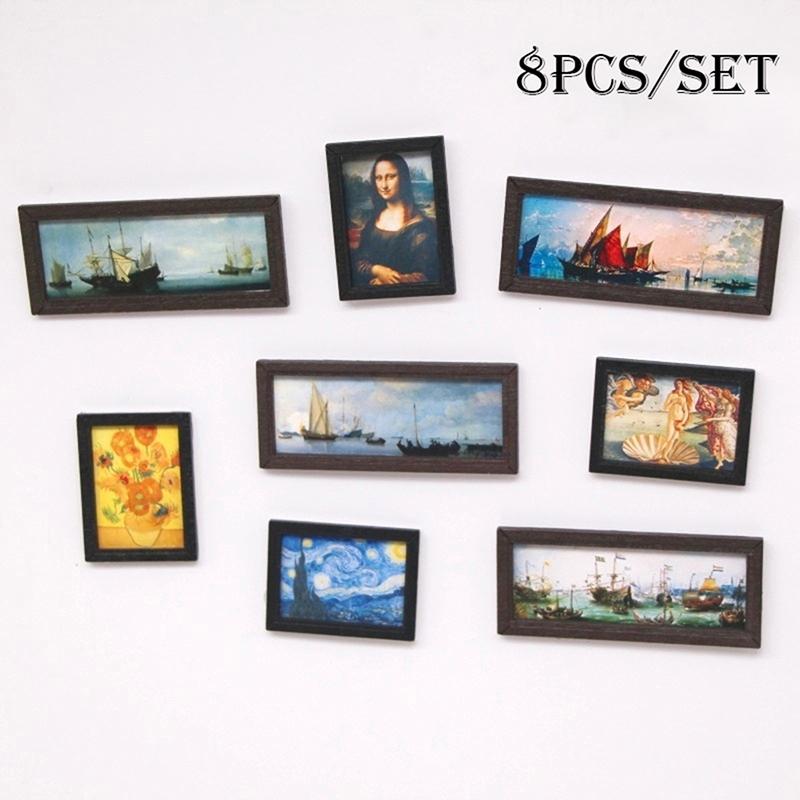 8 stk 1:12 Dukkehus Miniatyr Oljemaleri Veggmaleri Foto Vegg Bilde Scene Dekor