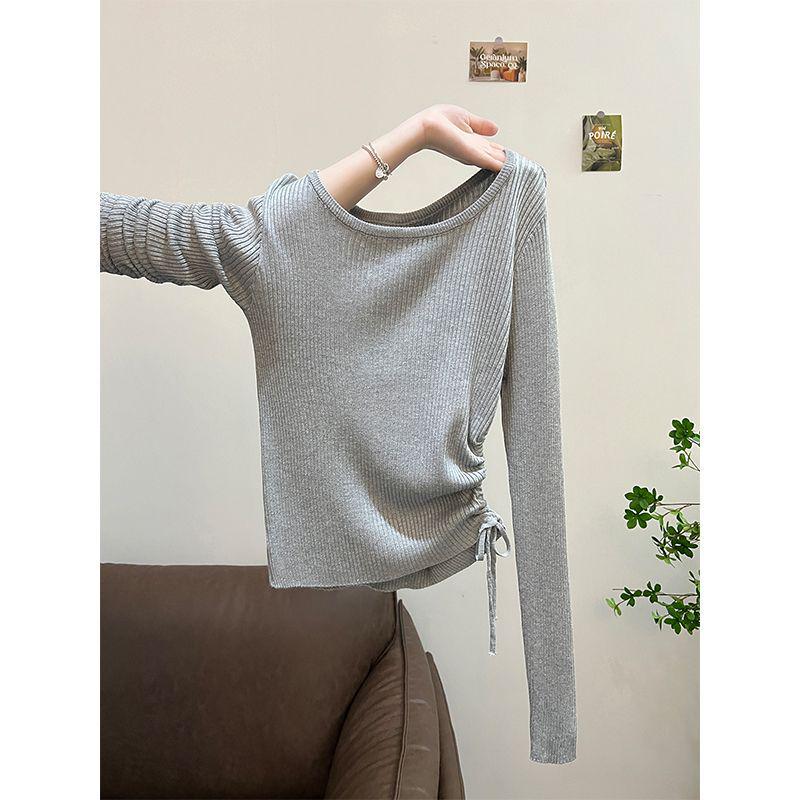 

Gray Irregular Knit Long Sleeve Drawstring Top - Women s Slimming Autumn Base Layer One Size сірий колір