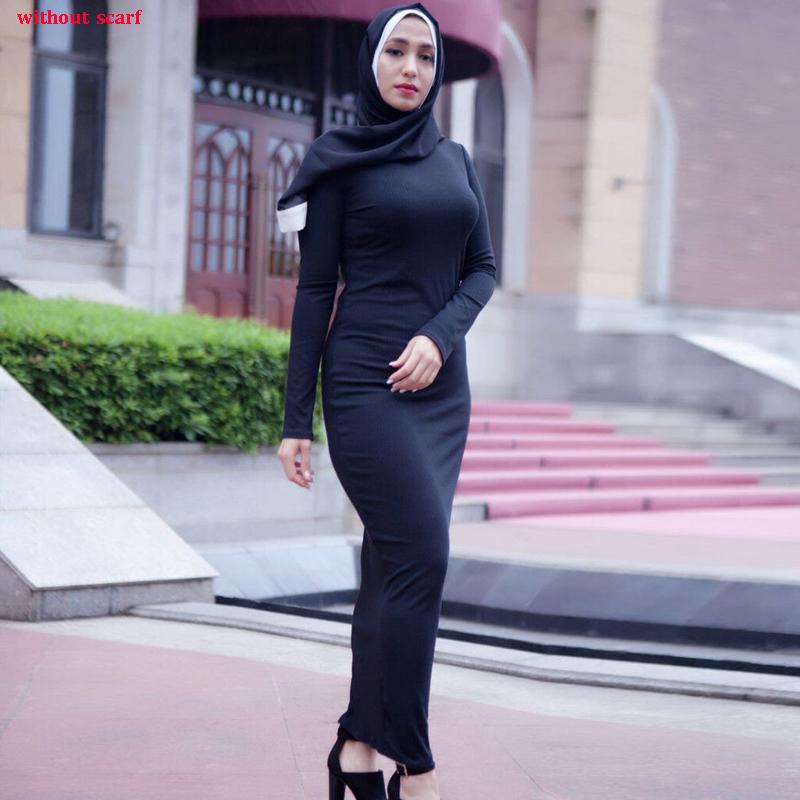 Abaya Muslim Women Stretch Maxi Dress Plain Robe Long Bodycon Dresses Ramadan O-Neck