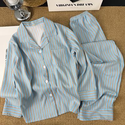 Korean Simple Contrasting Striped Pajamas Women's New Summer Loose and Lazy Long-sleeved Trousers Loungewear Two-piece Set