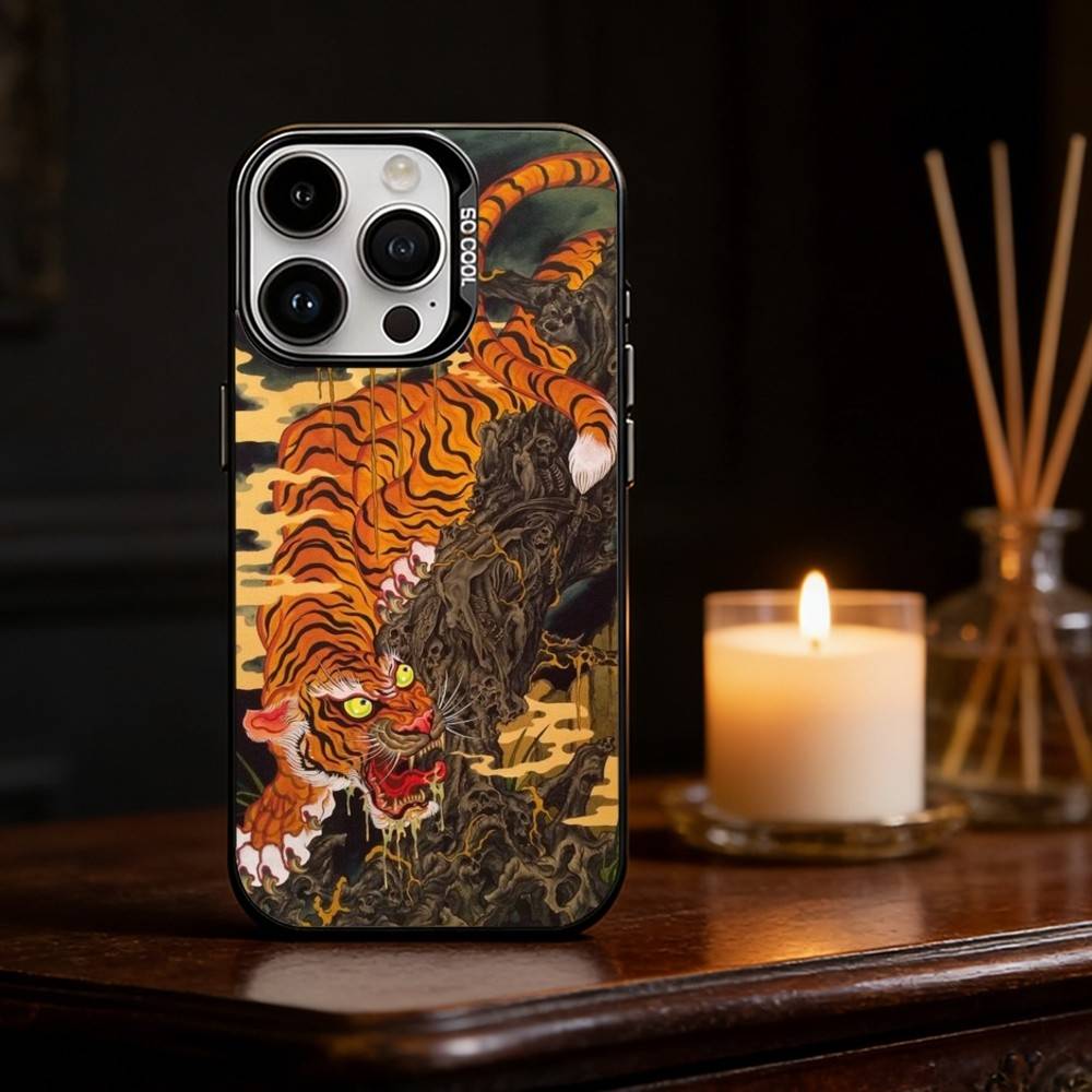 Japanese Ukiyo-e Tiger Phone Case For iPhone 17 16 15 14 13 12 11 Pro Max Plus Silver Matte Black Cover