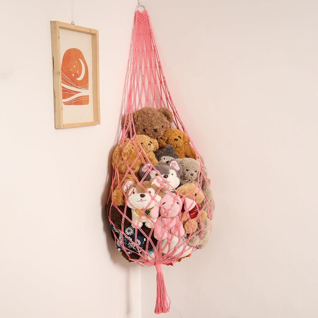 Triangle Cotton Rope Hanging Toy Net with Tassels - Plush Toy Storage for Kids' Room