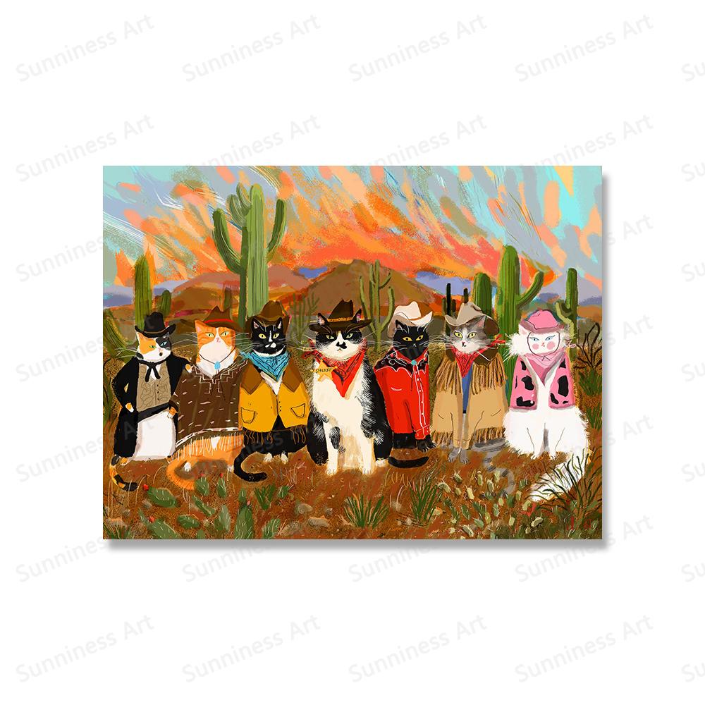 Funny Jungle Cat Poster Sailboat Western Cowboy Cats Canvas Painting Cat Lover Gift Wall Art Pictures for Living Room Home Decor