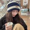 Japanese Striped Letters Small Label Large Version Wool Hat for Women In Autumn and Winter Warm Versatile Big Head Circumference Knit Pile Hat Trend