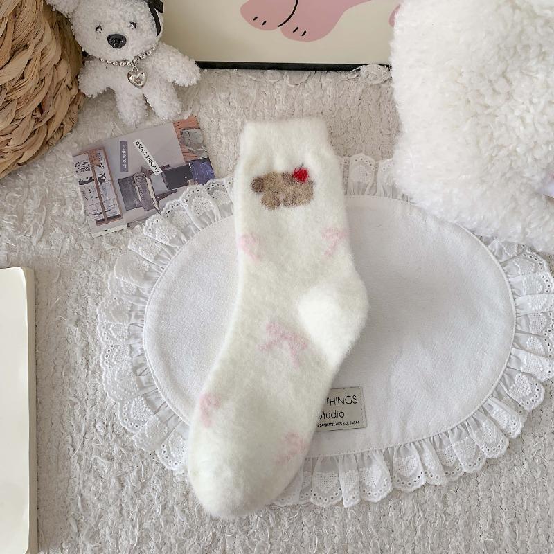 Pink Down-proof Socks - Children's Autumn-winter Warm-up Thickened Mid-calf Socks with Cute Cartoon Dog Design Floor Socks
