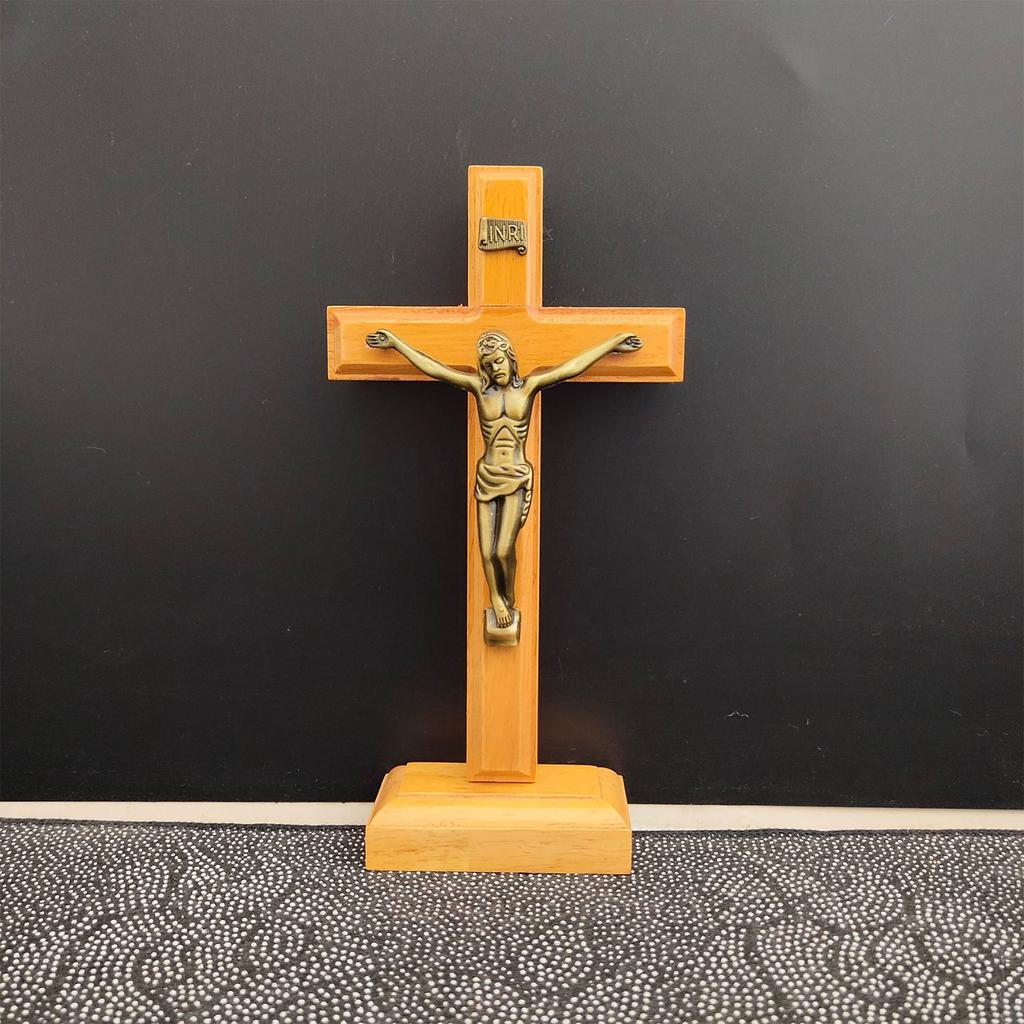 Table Cross Wooden Catholic Jesus Cross with Stand Religious Christian Crucifix Church Decoration Home Shelf Ornaments