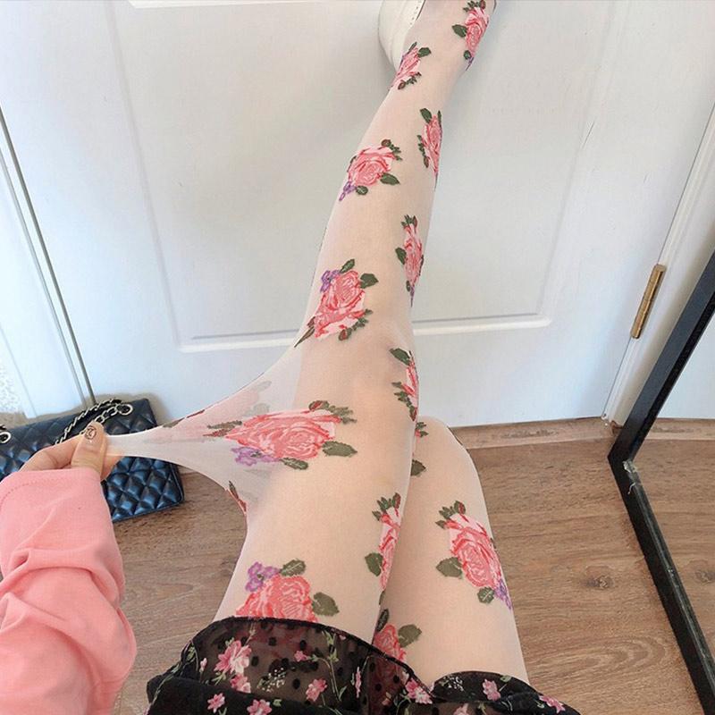 Female Hosiery Printed Rose Stockings Pink Black Floral Tights Thin Mesh Pantyhose Girls Spring Summer Sexy Tights For Women
