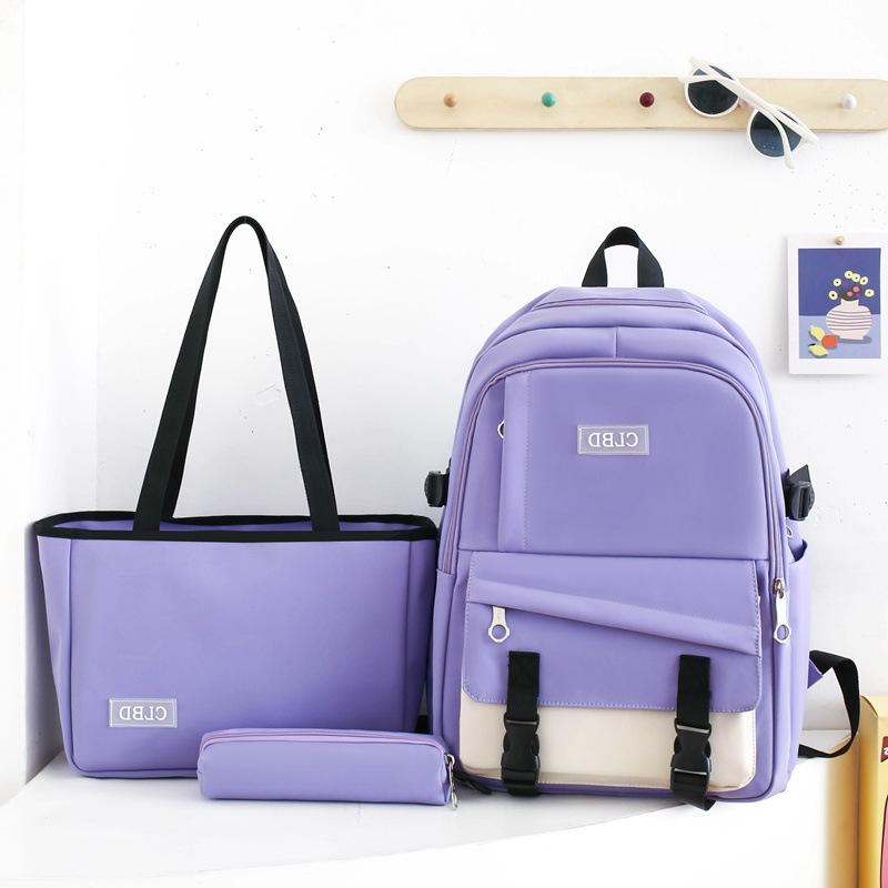 Three-Piece Backpack Set College Style Women Colored Block Large Capacity Backpack Student Schoolbag with Lunch Bag Pen Bag