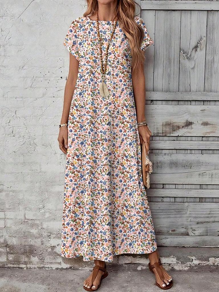 Casual Versatile Patterned Summer Dress For Women,Casual Women's Dresses Short Sleeve Modest Bohemian Maxi Floral Print