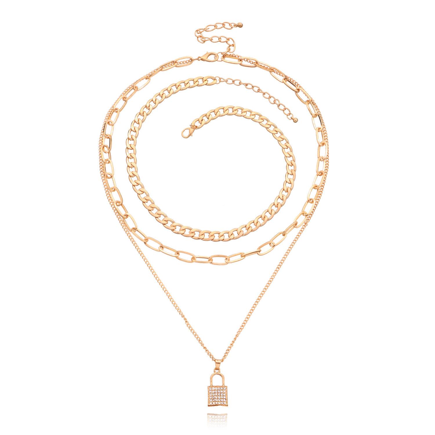 Geometric metal full diamond lock pendant necklace, popular multi-layer retro exaggerated necklace