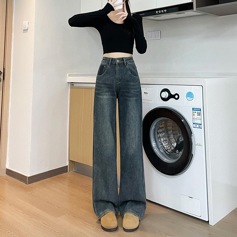 

Женские теплые джинсы широкого кроя из бархата с высокой талией на осень и зиму, утолщенный крой, свободные облегающие брюки прямого кроя длиной до пола L серый