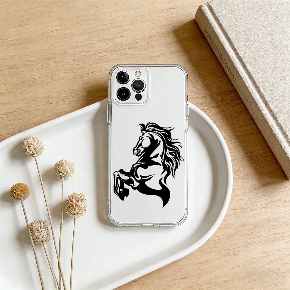 Running Black Horse Pattern Phone Case For iPhone 17 16 15 14 13 12 11 Mini Pro Max Plus Transparent Cover