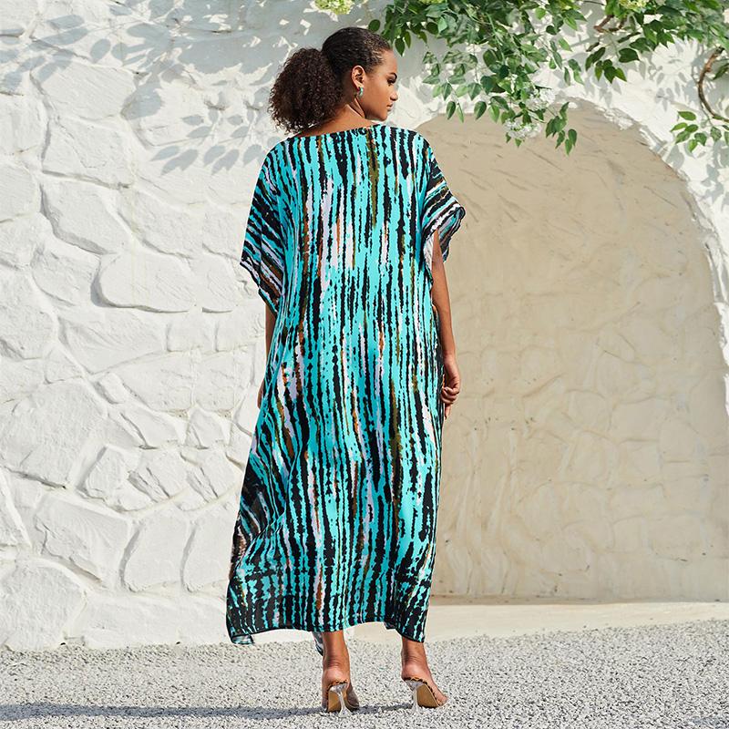 EDOLYNSA Damen Übergröße Kaftane Streifenmuster Batik Kaftan Badeanzug Überwurf Strand Maxikleid Lockerer Seitenschlitz Robe Q1218