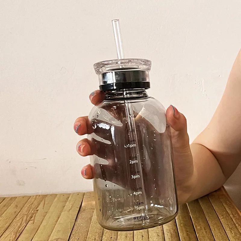 450/750ml Large Glass Water Bottle with Straw 2 Lids Clear Kawaii Drinking Bottle Leakproof Cup for Woman Girl