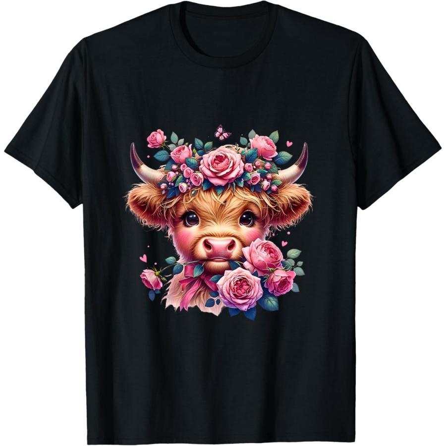 Cute Highland Cow With Pink Roses Floral Farm Western T-Shirt S
