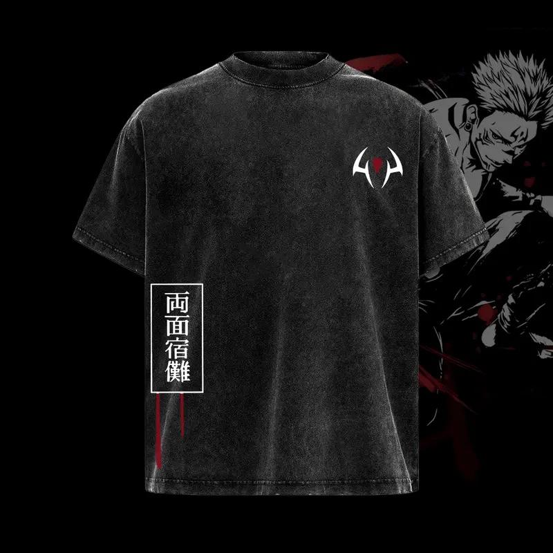 Jujutsu Kaisen Anime T-shirt Ryomen Sukuna Washed T Shirt Men Women Clothing Oversized Short Sleeve Casual Cotton Tees Tops
