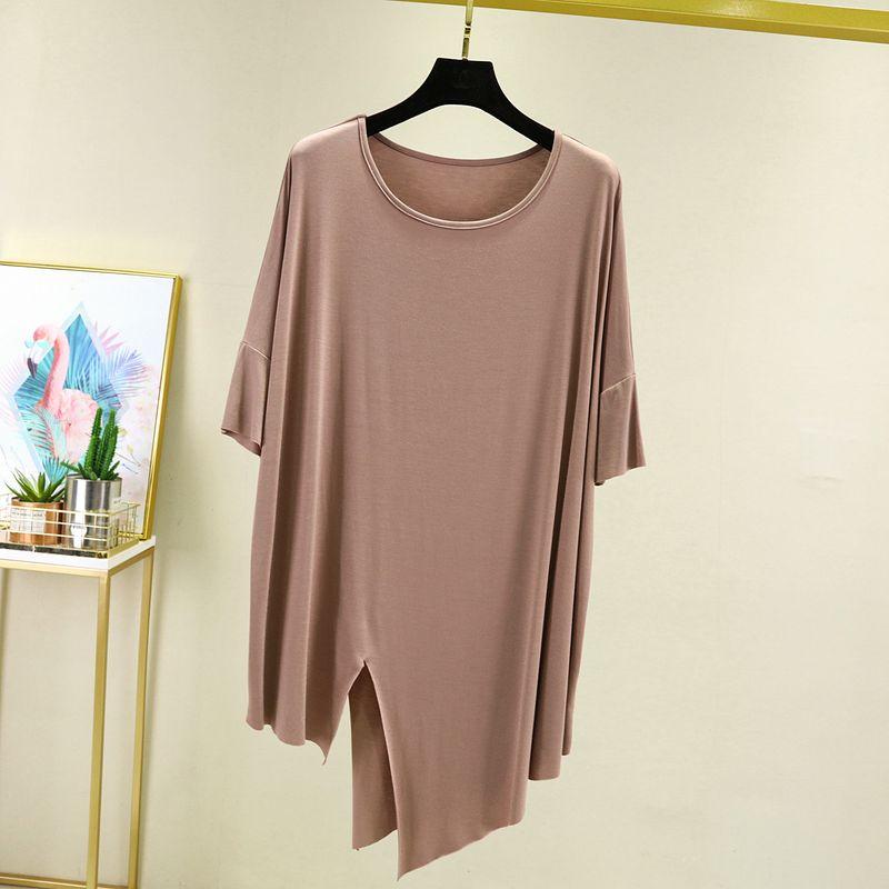

Модальная асимметричная футболка с коротким рукавом женская летняя одежда для дома свободная повседневная базовая футболка с разрезом для йоги и танцев Khaki M (recommended 40.00 kg-50.00 kg