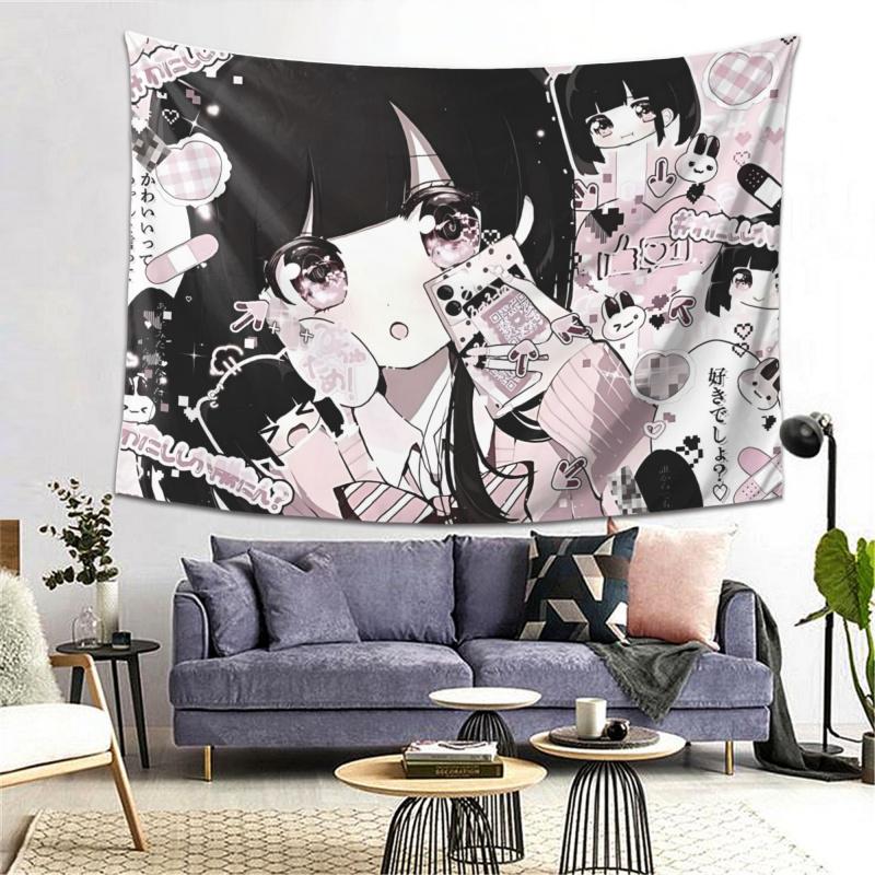 VIKAMA Sweet Cool Black Pink Pixel Girl Tapestry anime Atmosphere ins Style Decorative Wall Room Decoration Home Decoration