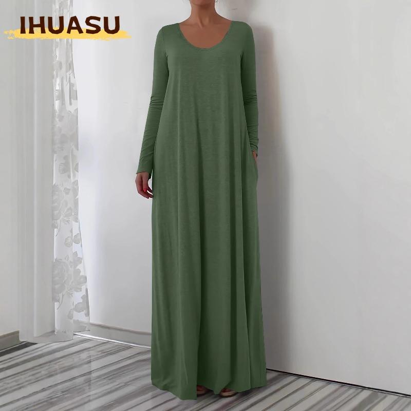 IHUASU Fashion Summer Spring Solid Color Print Long Sleeve O-Neck Casual Dresses