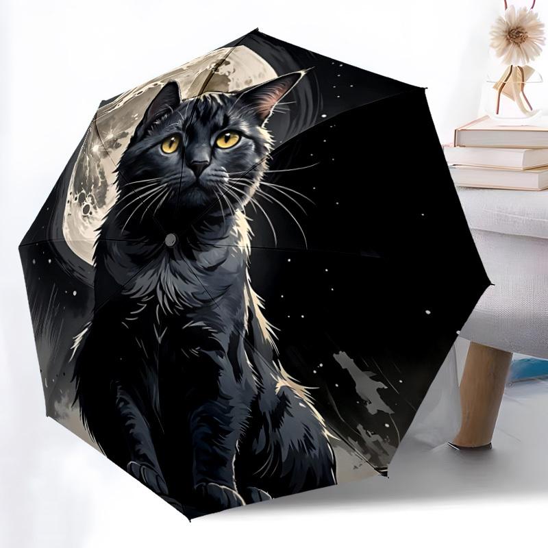 1pc Moonlit Cat Night Scene Auto-Fold Umbrella with One-Touch Open/Close - 8 Reinforced Ribs for Windproof Stability,  Yy251118127