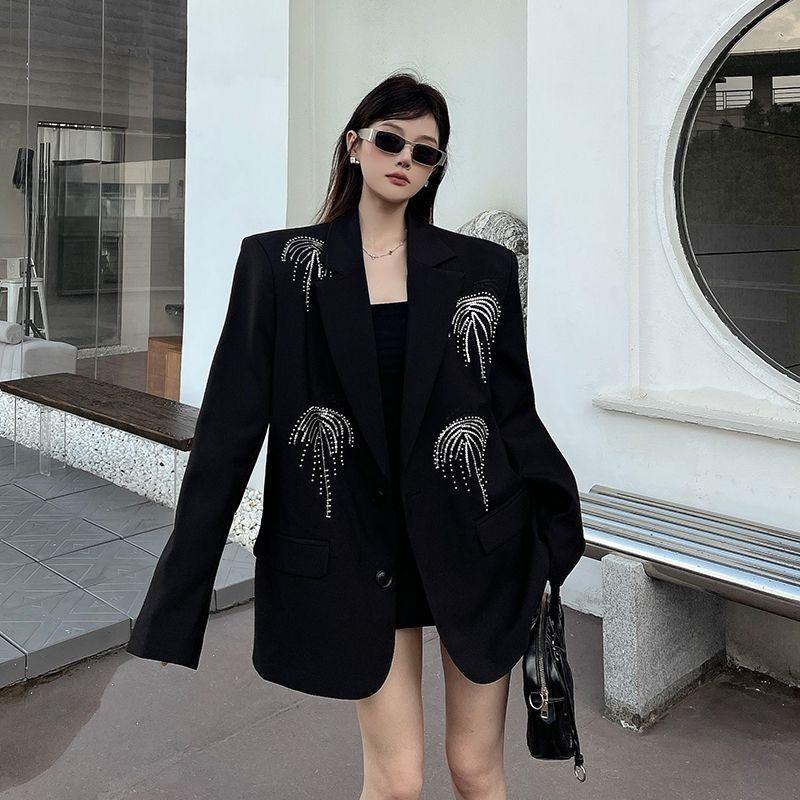 Primavera Otoño Mujer Gama Alta Personalizado Negro Americana Hombreras Suelta Manga Larga Diseñador Detalle de Pedrería Estilo Nicho Traje Ropa Exterior