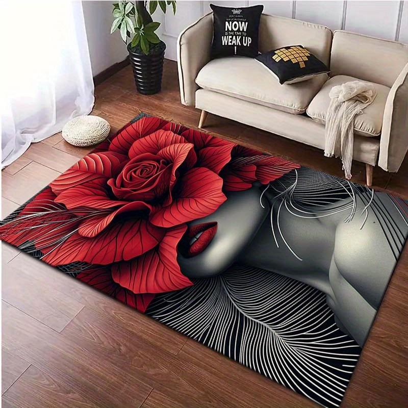 1PC Soft Polyester Rectangular Carpet with Red Rose and Woman Design, Washable for Living Room, Outdoor, Patio, Kitchen, Bedroom