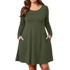 Plus Size Women's -Colour Casual Dress Spring Pocket Round Neck Long-Sleeved Dress