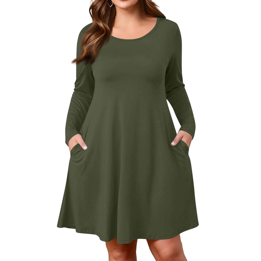 Plus Size Women's -Colour Casual Dress Spring Pocket Round Neck Long-Sleeved Dress