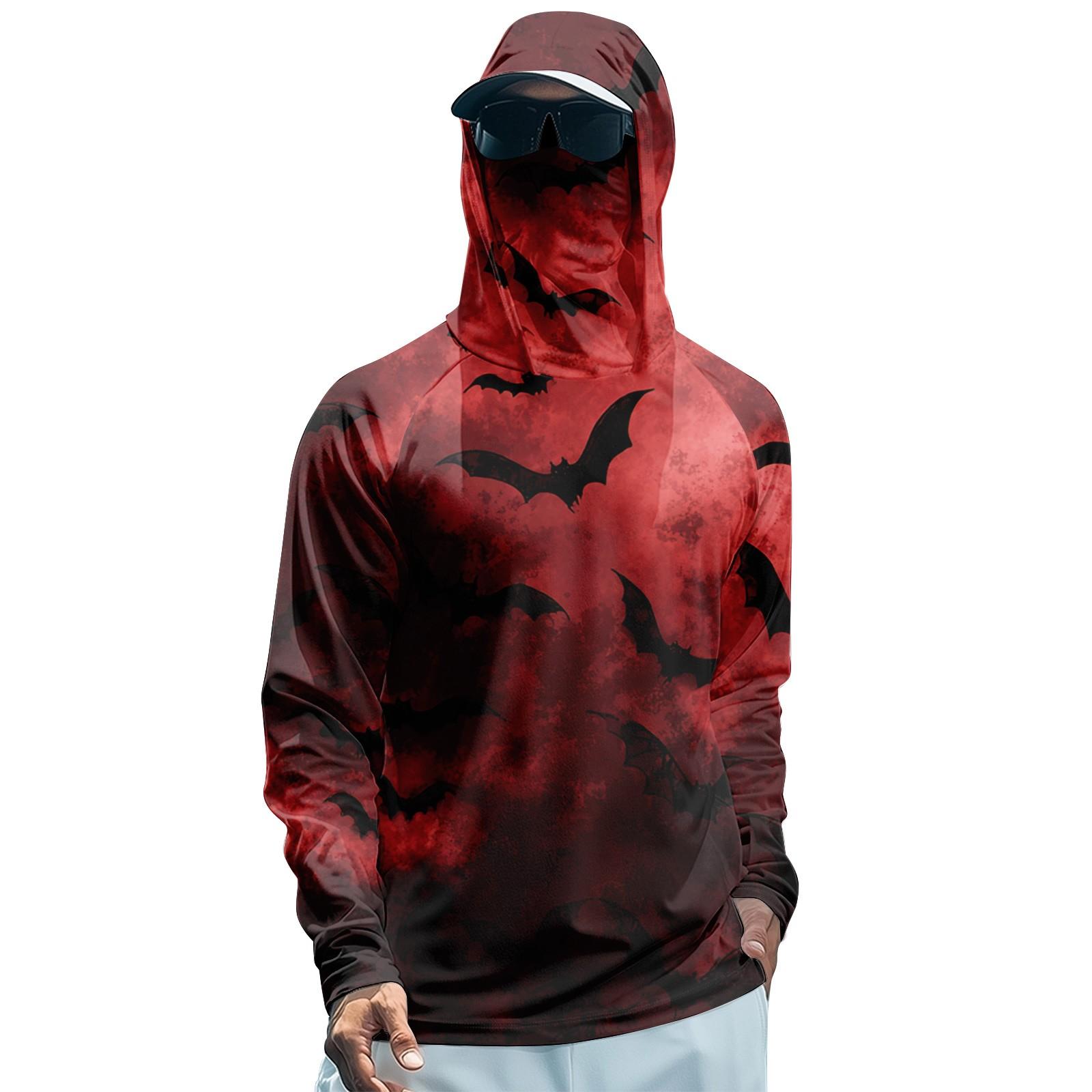 

Мужская худи реглан для рыбалки с принтами на Хэллоуин - UPF 50+ УФ защита, длинный рукав, солнцезащитная рубашка с сетчатым козырьком M красный